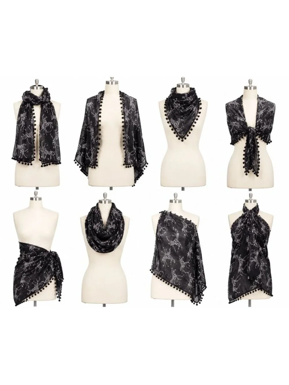 Old Navy Zebra Print Scarf Wrap One Size Black White Pom Pom Trim NWT Novelty